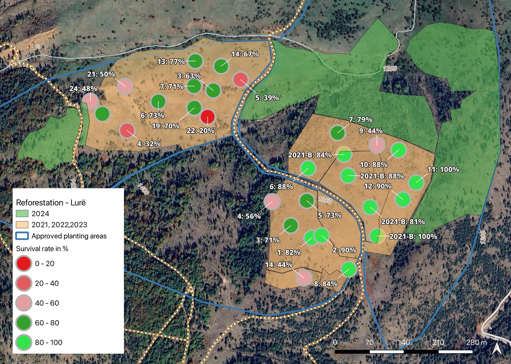 Monitoring points and their survival rate in percentage, green colors represents areas with 60+%, red colors <60% survival rate.