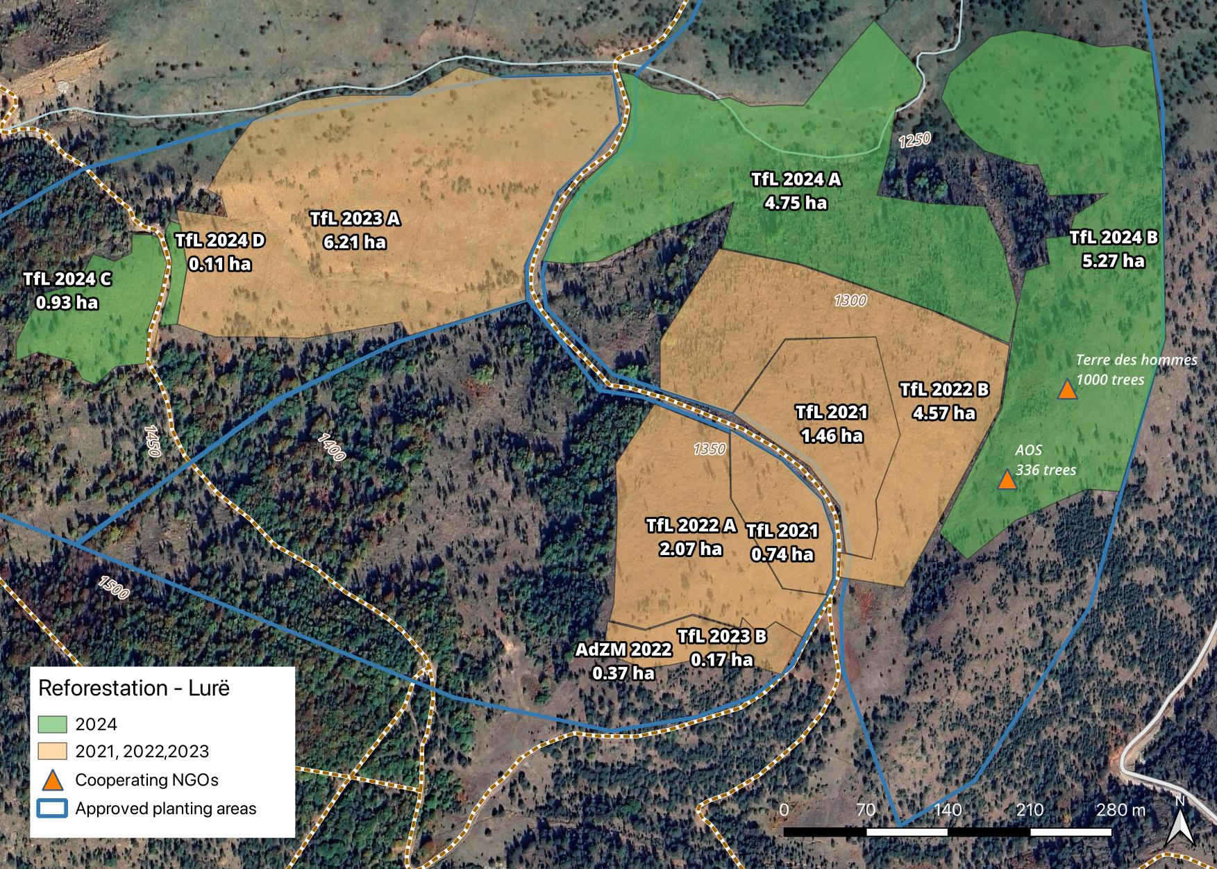 Map of planting areas 2021-2024 in relation to approved planting areas (parcela)
